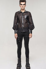 Black Punk Vertical Pattern Printing Cuff Drawstring Decoration See-Through Men's Shirt - Product - 4