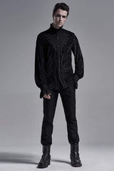 Black High Collar Lantern Sleeve Front Metal Retro Button Flounce Cuff Velveteen Knit Men's Gothic Shirt - Product - 4