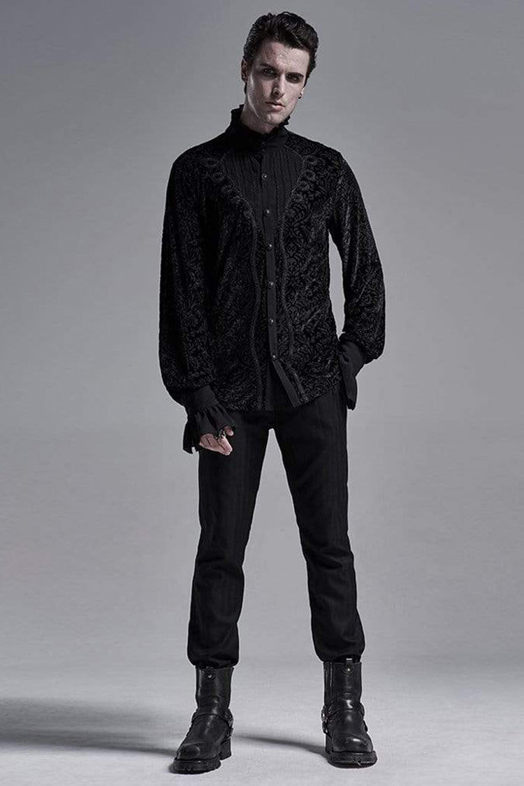Black High Collar Lantern Sleeve Front Metal Retro Button Flounce Cuff Velveteen Knit Men's Gothic Shirt - Product - 4