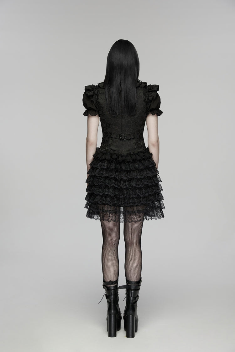 Black V Collar Short Sleeves High Waisted Jacquard Ruffled Cut-Out Embroidered Lace Slim Women's Gothic Vest - Product - 3