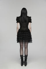 Black V Collar Short Sleeves High Waisted Jacquard Ruffled Cut-Out Embroidered Lace Slim Women's Gothic Vest - Product - 3