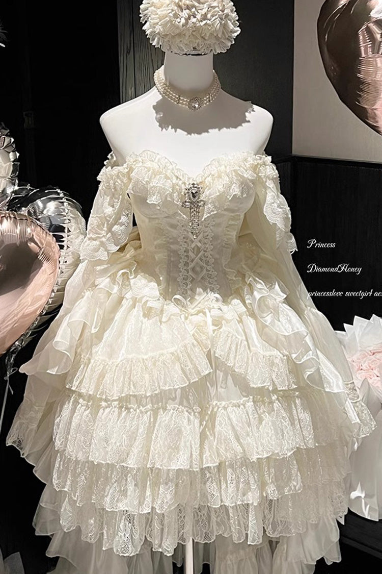 Princess Off Shoulder Multi-Layered Ruffle Bowknot Lace Sweet Elegant Lolita Strapless Dress - White - 5
