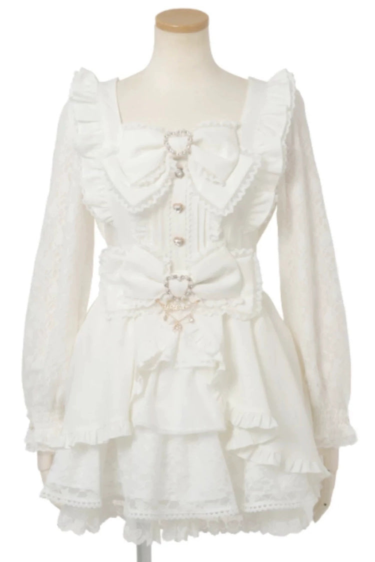 Gothic Square Collar Long Sleeves Ruffled Bow Jirai Kei Plus Size Japanese Lolita Dress Set 3 Colors - White - 5