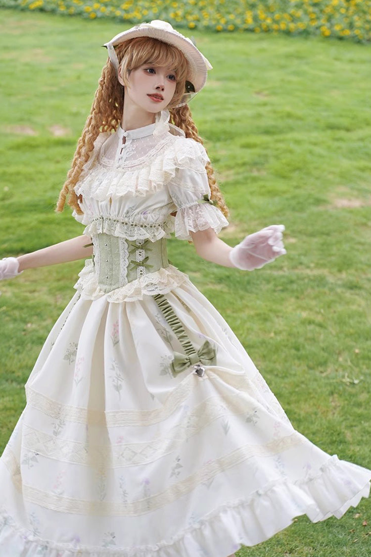 White/Green Letters and Poems to Austen Short Sleeves Print Hollow Lace Sweet Elegant Lolita Dress - Product - 6