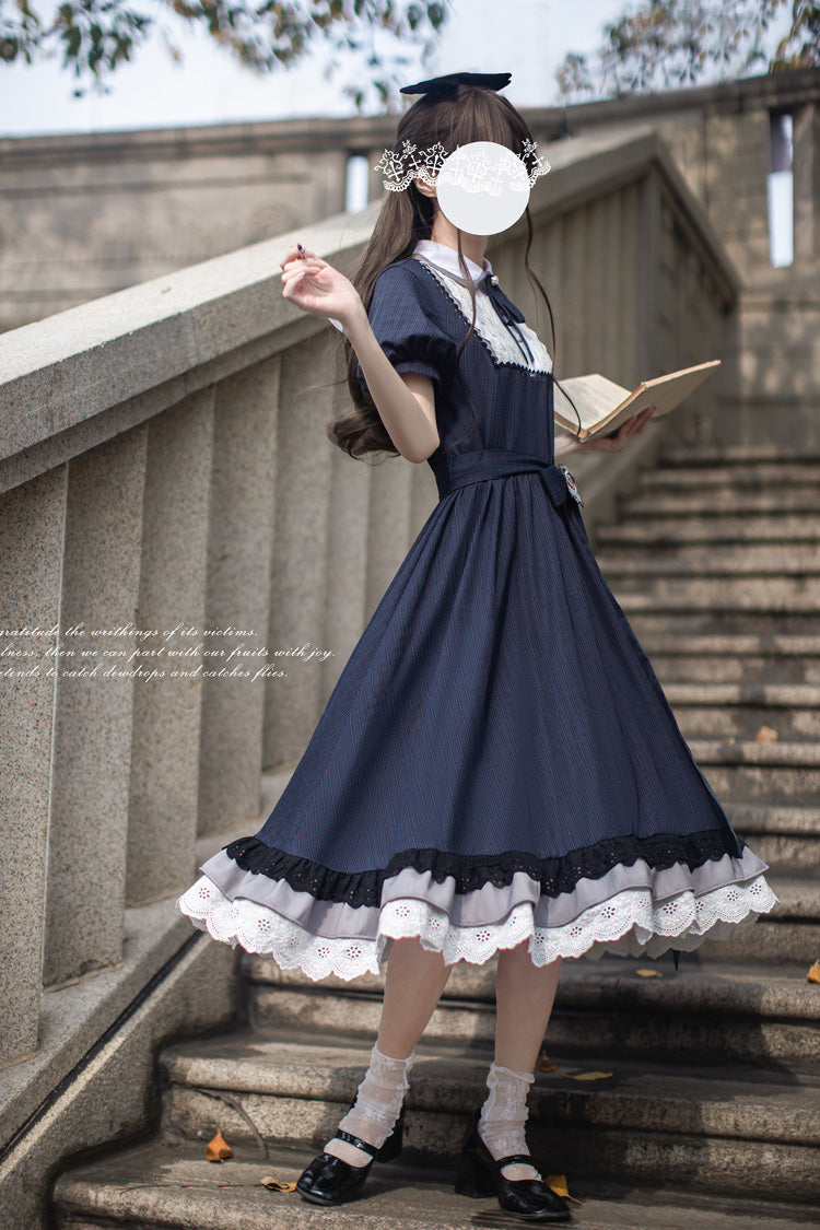 Blue [Phyllis] Lapel Collar Short Sleeves Printed Bow Classic Vintage Elegant Lolita Dress - Product - 4