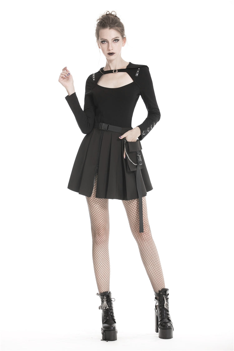 Black Zippered Pleated Women's Punk Casual Mini Skirt with Side Bag - Product - 10