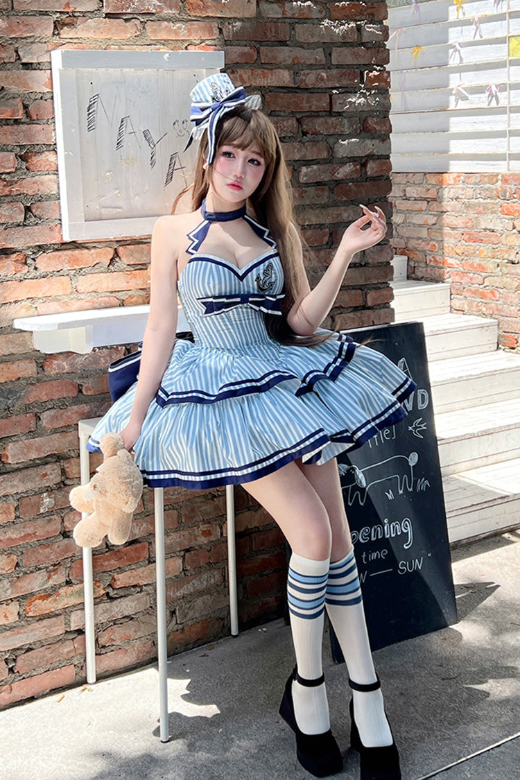Blue [Sailing Sweetheart] Double-Layered Vertical Stripes Print Ruffle Bowknot Sweet Lolita Dress - Product - 6