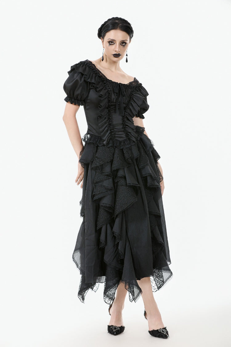Black Square Collar Short Sleeves Ruffled Lace Lace-Up Women's Gothic Rococo Corset Top - Product - 8