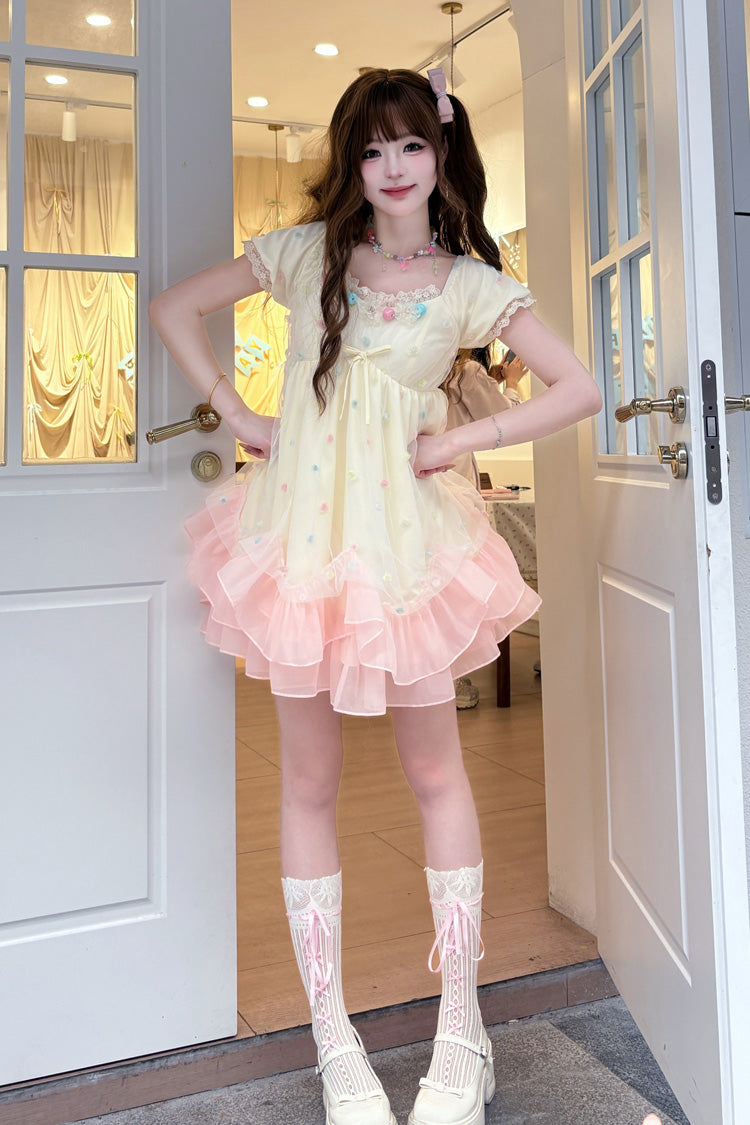 Apricot/Pink [Bubble Lover] Short Puff Sleeves Multi-Layered Ruffle Lace Sweet Princess Lolita Dress - Product - 2