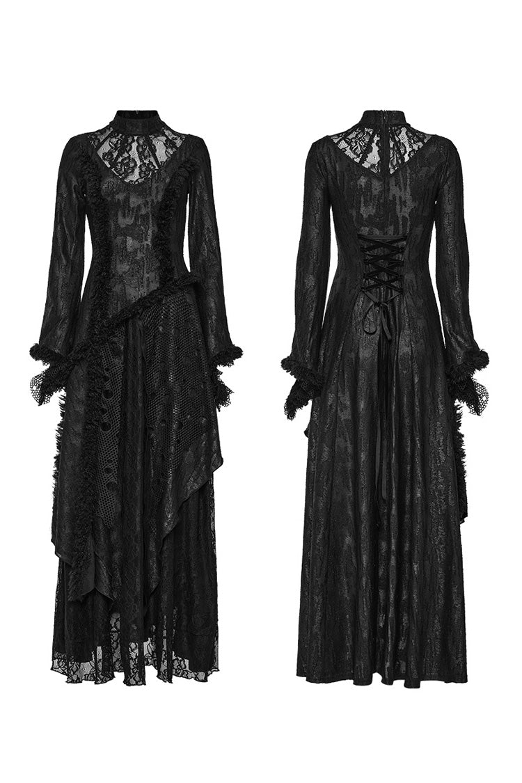 Black Long Trumpet Sleeves Hollow Stitching Lace Mesh Women's Gothic Dress - Product - 5