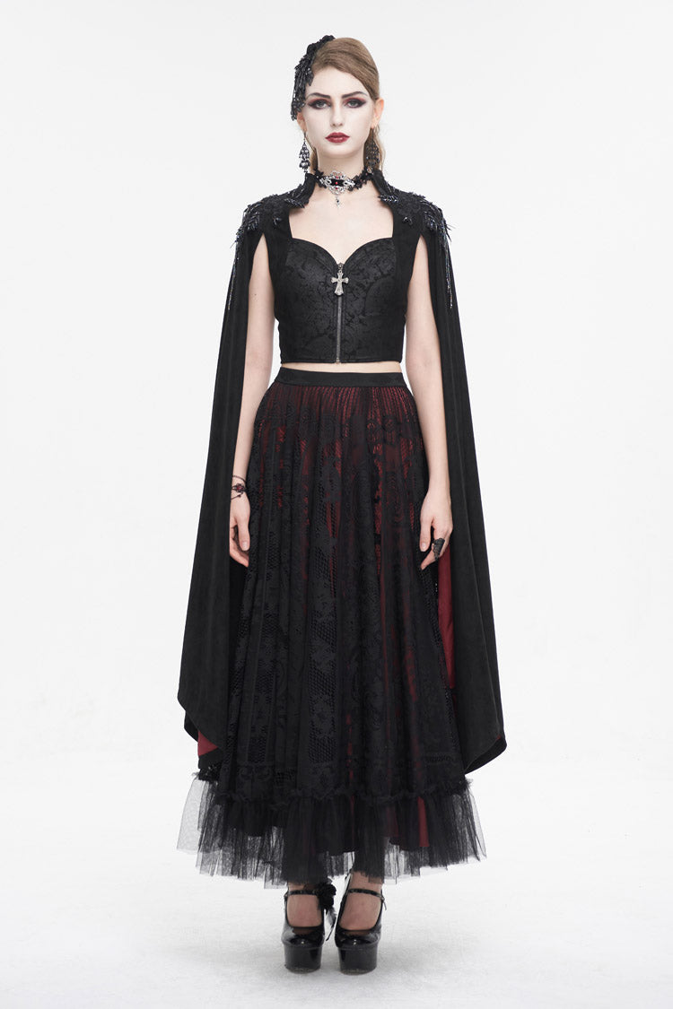 Black Stand Collar Floral Embroidered Women's Gothic Shirt Cloak - Product - 5