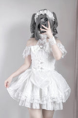 White [Rose Dream] Halterneck Short Sleeves Print Ruffle Bowknot Lace Gothic Jirai Kei Dress - Product - 6