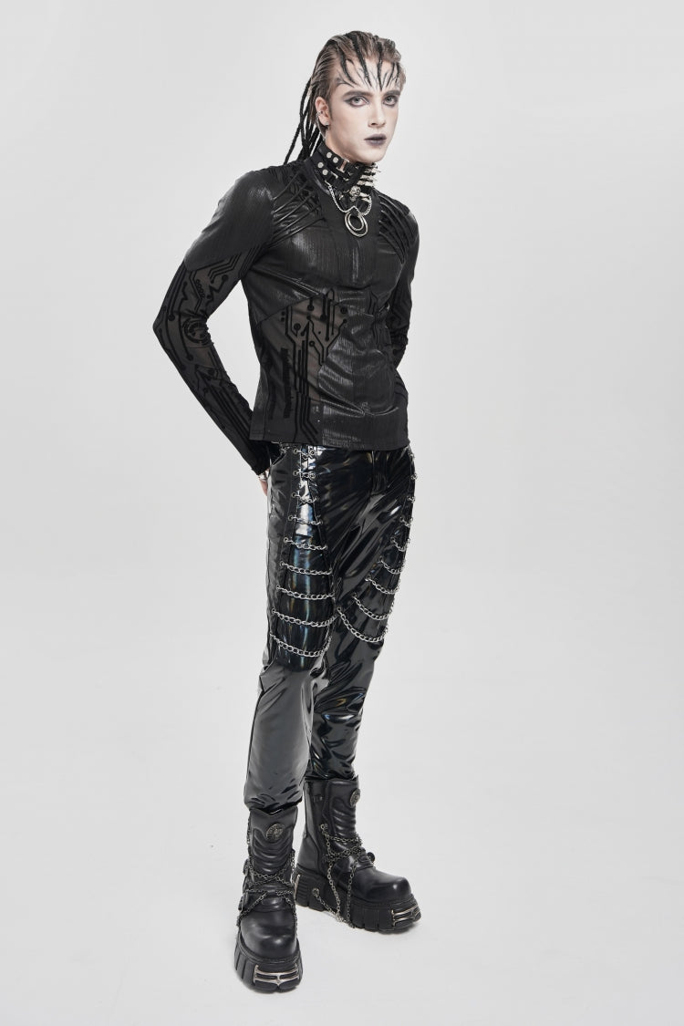 Black Long Sleeves Circuit Board Print Men's Punk Blouse - Product - 9