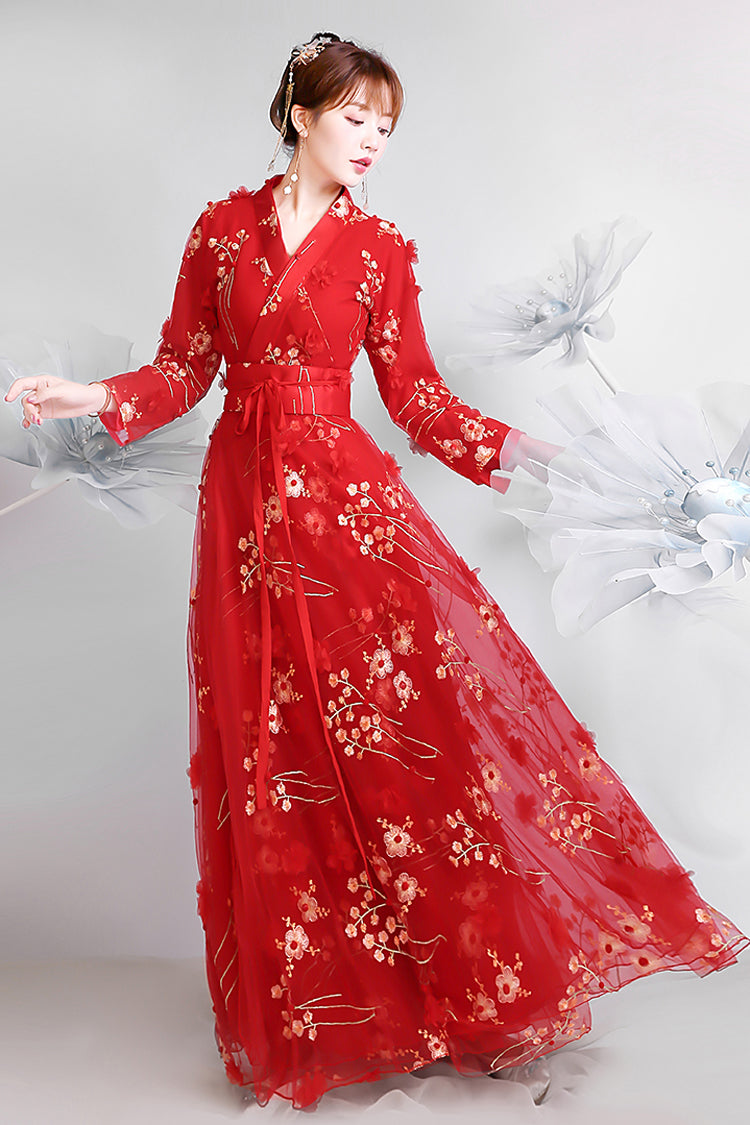 Floral Embroidery Long Sleeved Sweet Hanfu Dress - Red - 6