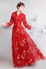 Floral Embroidery Long Sleeved Sweet Hanfu Dress - Red - 6