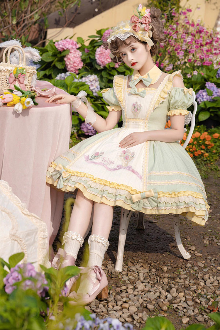 Green Short Sleeves Tulip Print Ruffle Bowknot Sweet Lolita Dress - Product - 6