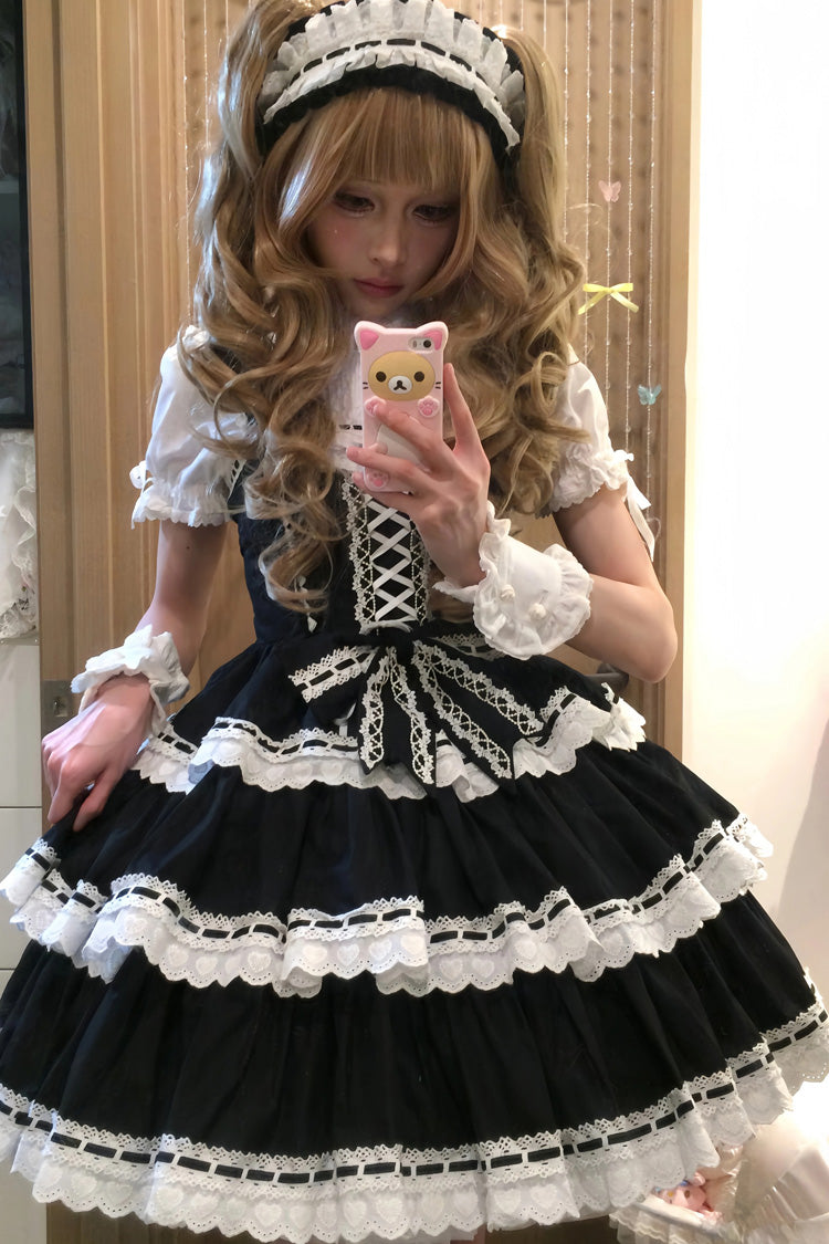 Black [Maiden Heart] Triple-Layered Ruffle Bowknot Lace Sweet Lolita Jsk Dress - Product - 8