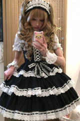 Black [Maiden Heart] Triple-Layered Ruffle Bowknot Lace Sweet Lolita Jsk Dress - Product - 8