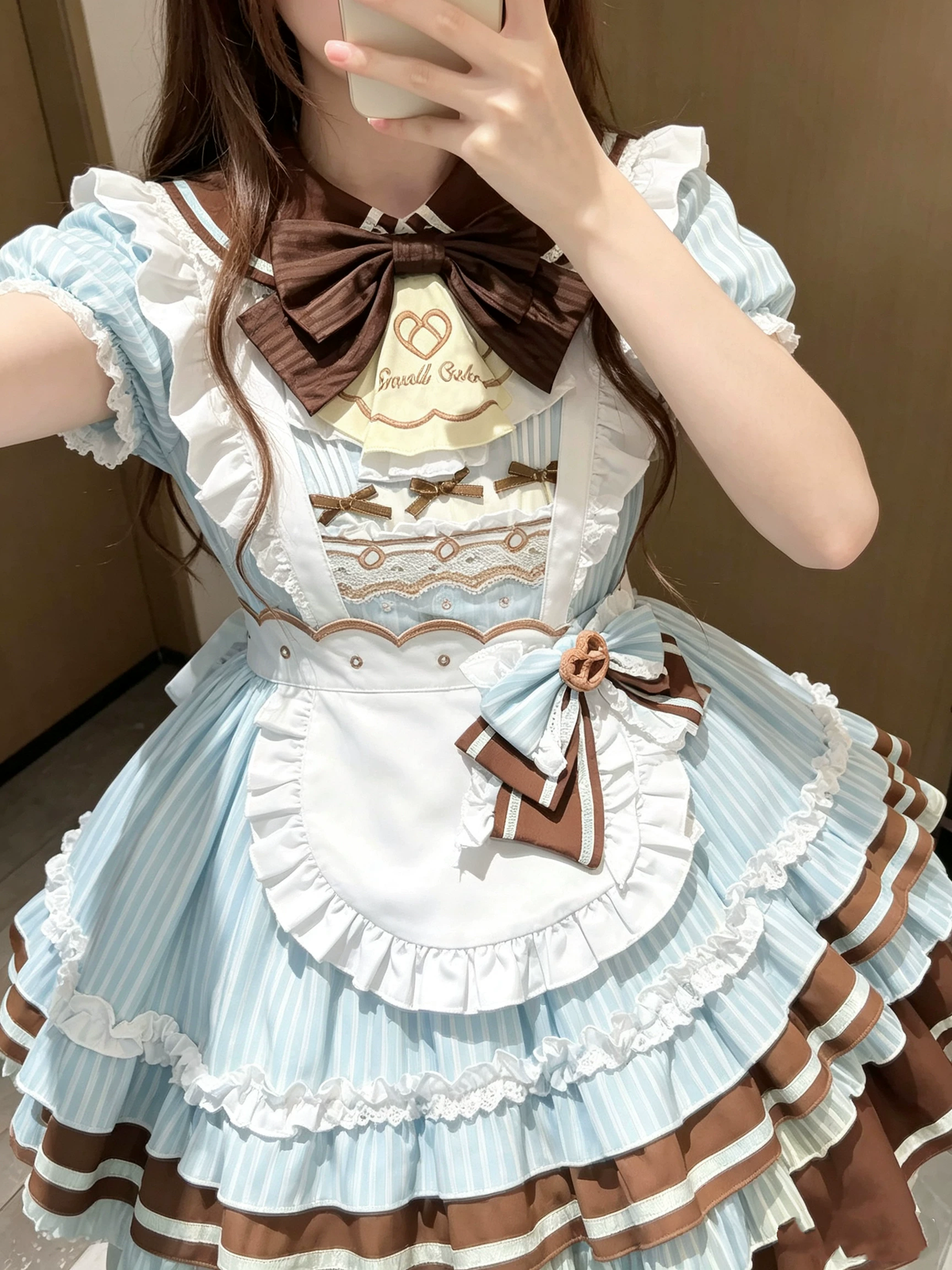 Blue and Brown Ruffled Striped Maid Lolita Dress Set with Apron Accent - view 4