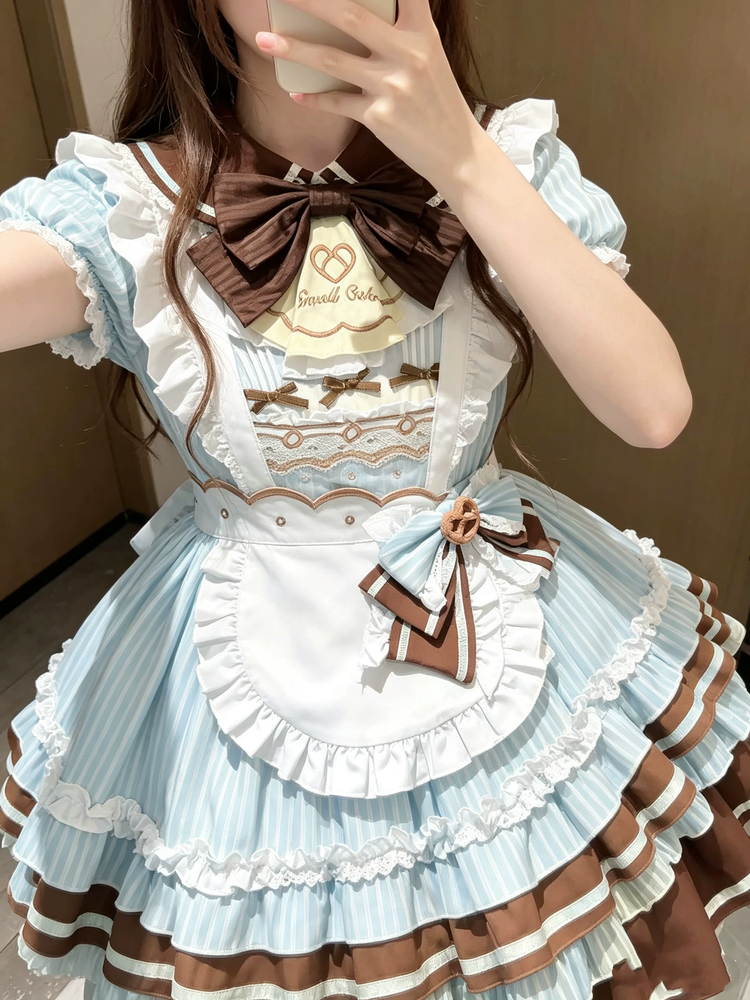 Blue and Brown Ruffled Striped Maid Lolita Dress Set with Apron Accent - view 4