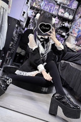 Black/White [Divine love] Long Sleeves Hollow Bowknot Lace Lace-Up Sweet Jirai Kei Dress Shorts Set - Product - 6