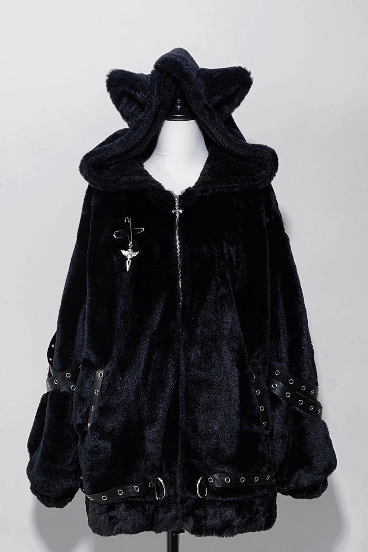 [Night Hunter] Cat Ear Long Sleeves Hooded Zippered Jirai Kei Coat 2 Colors - Black - 1