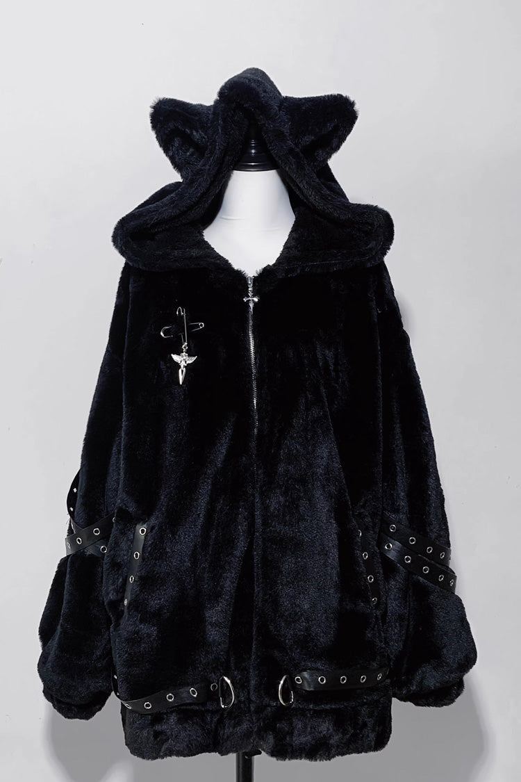 [Night Hunter] Cat Ear Long Sleeves Hooded Zippered Jirai Kei Coat 2 Colors - Black - 1