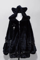[Night Hunter] Cat Ear Long Sleeves Hooded Zippered Jirai Kei Coat 2 Colors - Black - 1