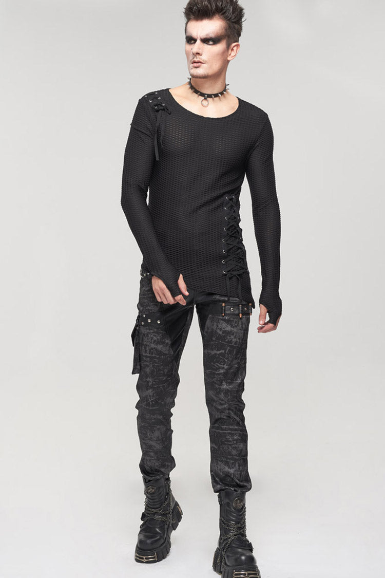 Black Punk Do Old Print Detachable Multi-Pocket Splicing Metal Rivet Decoration Men's Long Pants - Product - 8