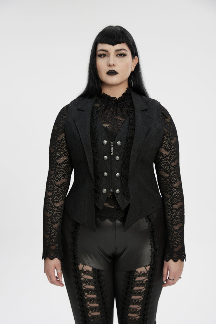 Black Lapel Collar Jacquard Spliced Lace Faux Two-Piece Pleated Women's Plus Size Gothic Vest - Black - 1