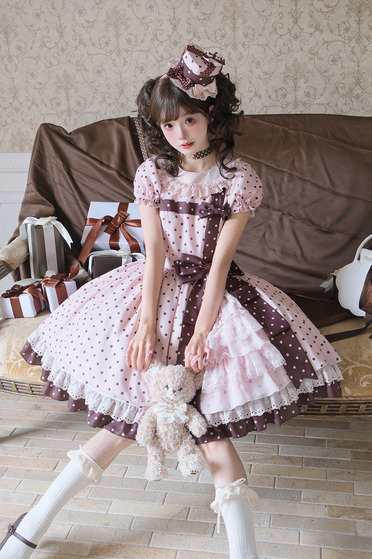 Pink [Canelé Gift Box] Round Collar Short Sleeves Double-Layered Printed Polka Dot Ruffled Open-Front Bow Asymmetric Sweet Lolita Dress - Product - 27