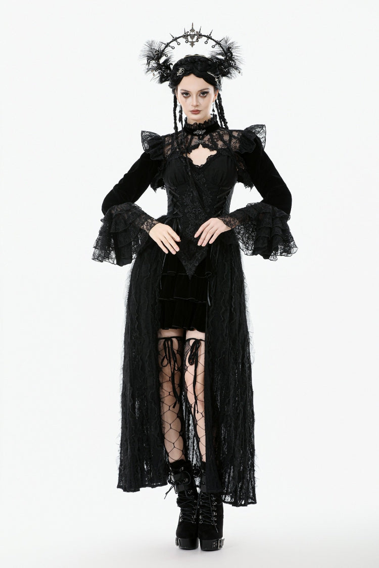Black Stand Collar Long Flared Sleeves Lace Spliced Velvet Women's Gothic Cape - Product - 7