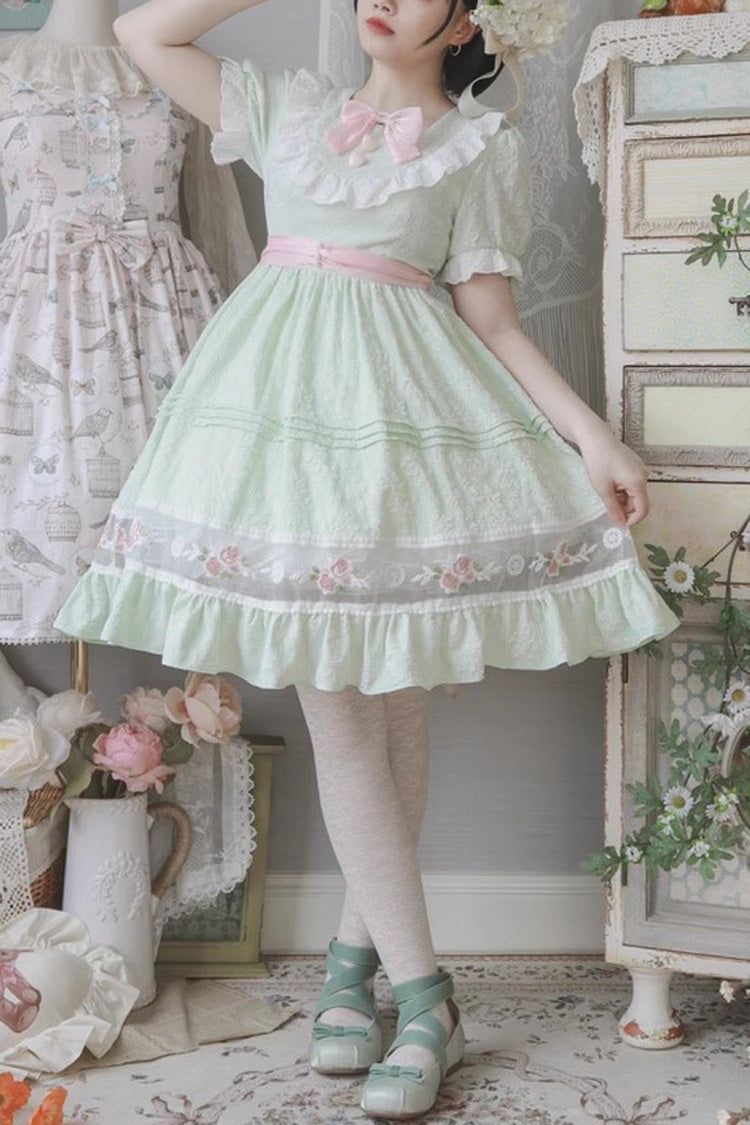 Green Short Sleeves Rose Print Ruffle Bowknot Sweet Lolita Dress - Green - 1