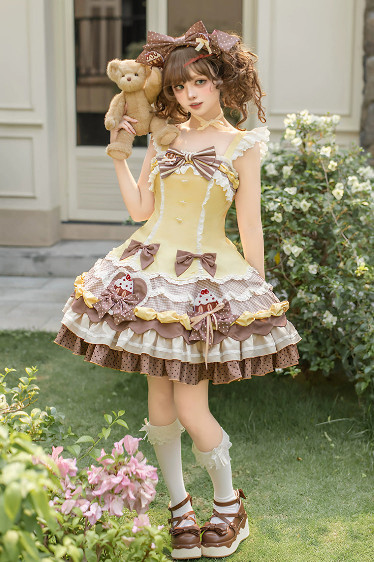 Yellow/Brown [Polka Dot Cake] Multi-Layered Printed Ruffled Bow Sweet Lolita JSK Dress - Product - 2