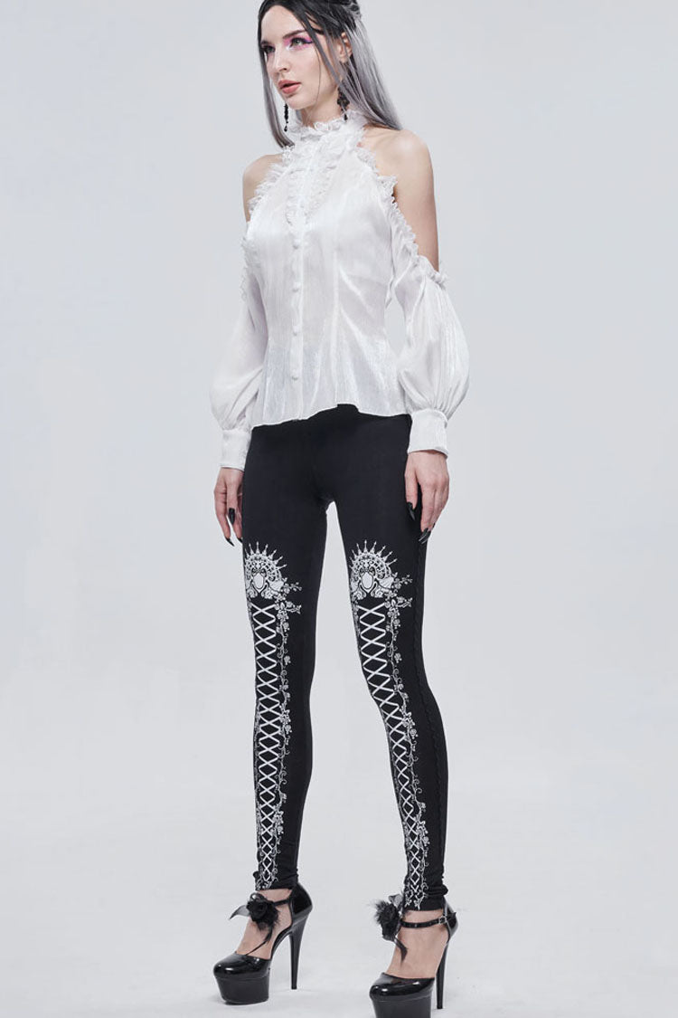 White Gothic Off-The-Shoulder Halter Lace Ruffled Lantern Sleeves Women's Shirt - Product - 6