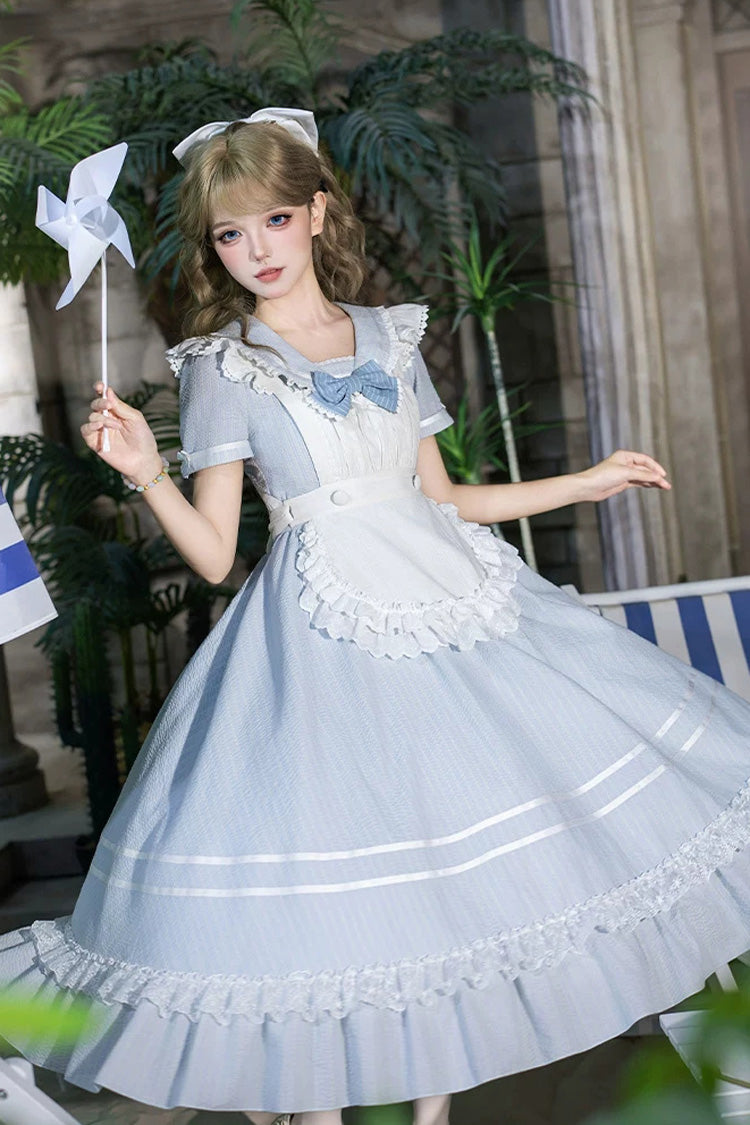 Blue [Seven Day Bell] Navy Collar Short Sleeves Printed Ruffled Bow Sweet Lolita Dress 2 Versions - Product - 18