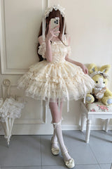 Apricot [Ribbon Heart Love] Sleeveless Multi-Layered Ruffle Bowknot Lace Lace-Up Sweet Princess Ballet Lolita Jsk Dress - Product - 8