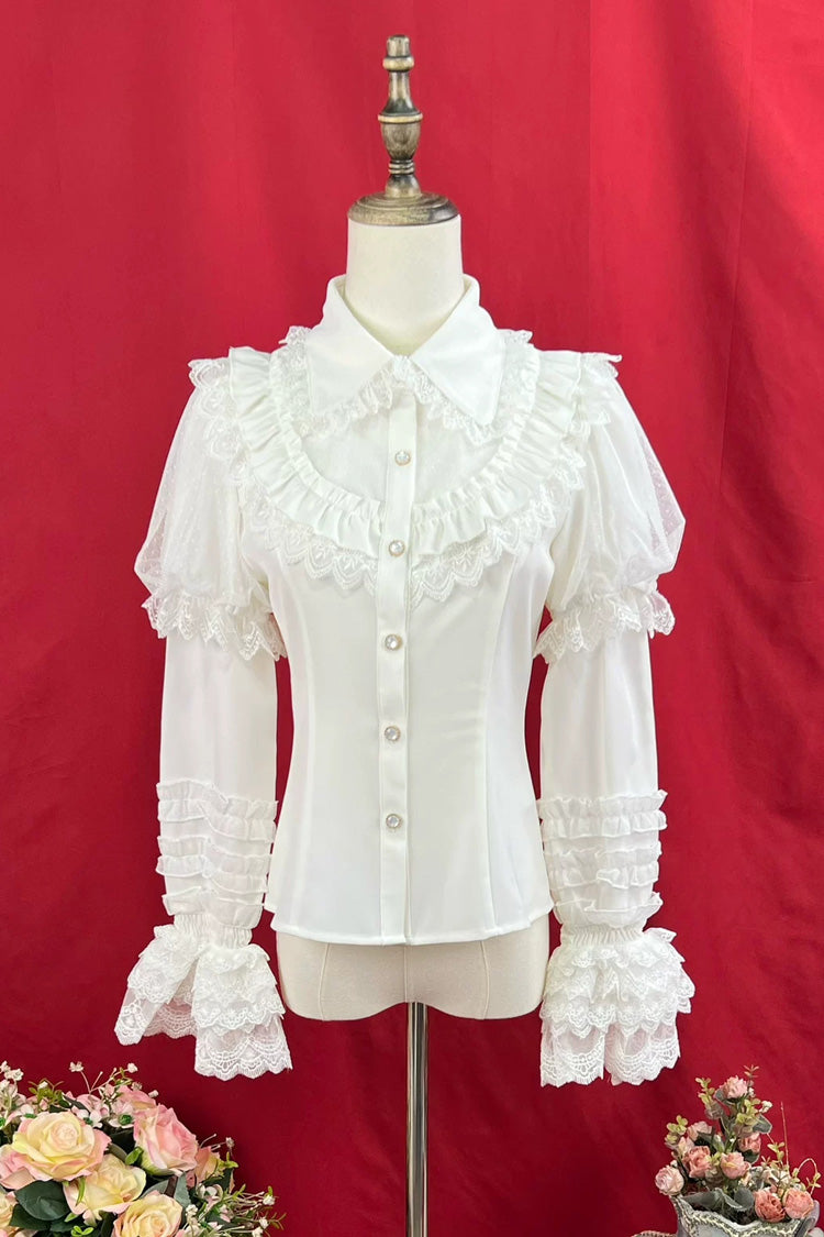 [Four Seasons Encounter] Lapel Collar Detachable Long Sleeves Ruffled Lace Slim Fit Classic Lolita Blouse 4 Colors - White - 2