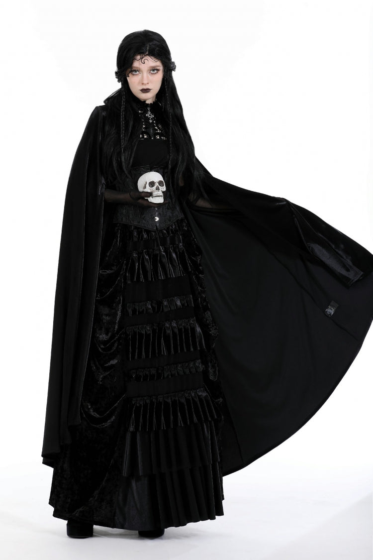 Black Cross Zippered Floral Embroidered Women's Gothic Cloak with Hood - Product - 6