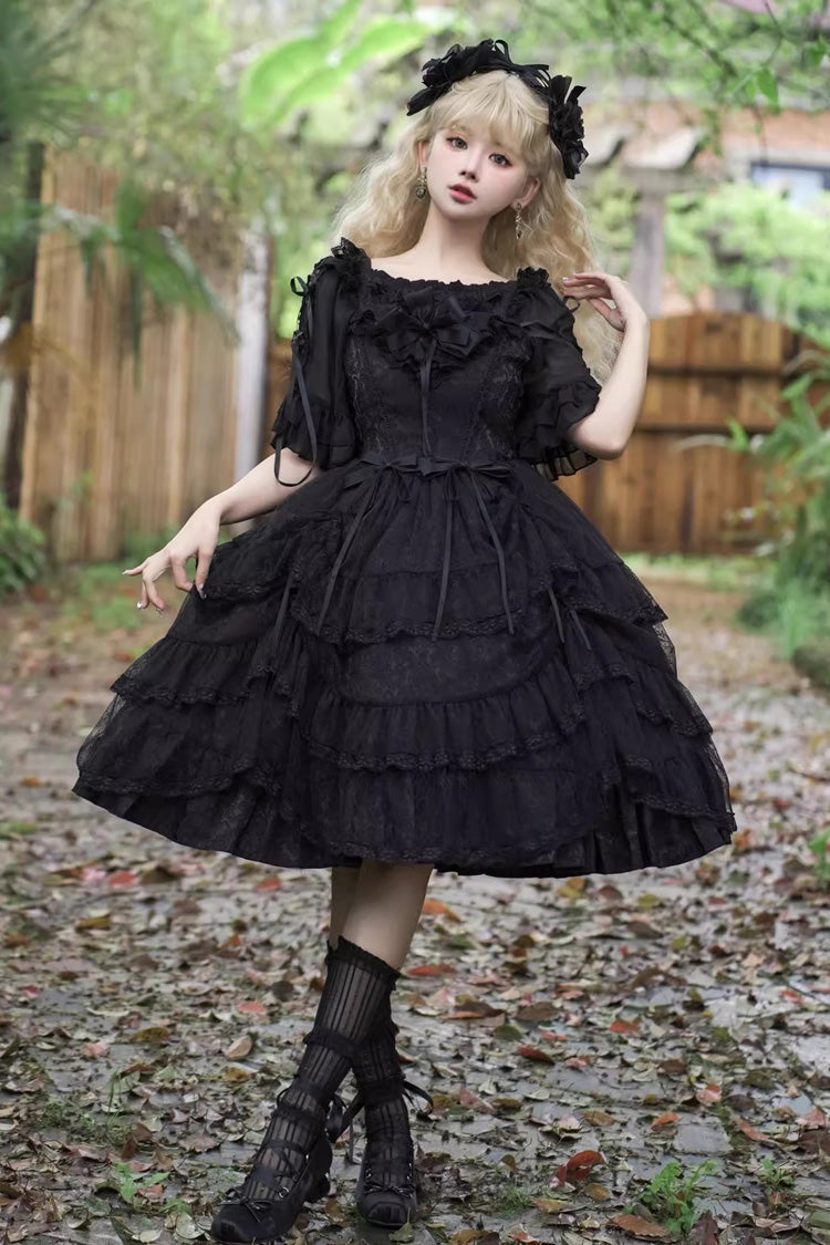 Black Iris Love Multi-layer Ruffle Bowknot Gothic Princess Lolita Jsk Dress - Black - 1