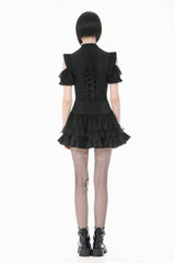 Black High Waisted Multi-Layered Ruffled Lace Patchwork Pocket Women's Punk Mini Skirt - Product - 4