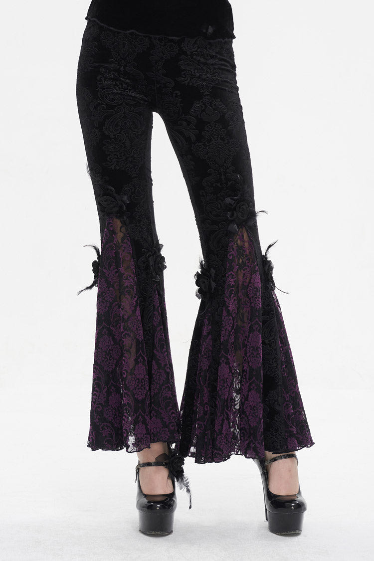 Black/Purple Printed Lace Embroidered Women's Gothic Flared Pants - Black/Purple - 1