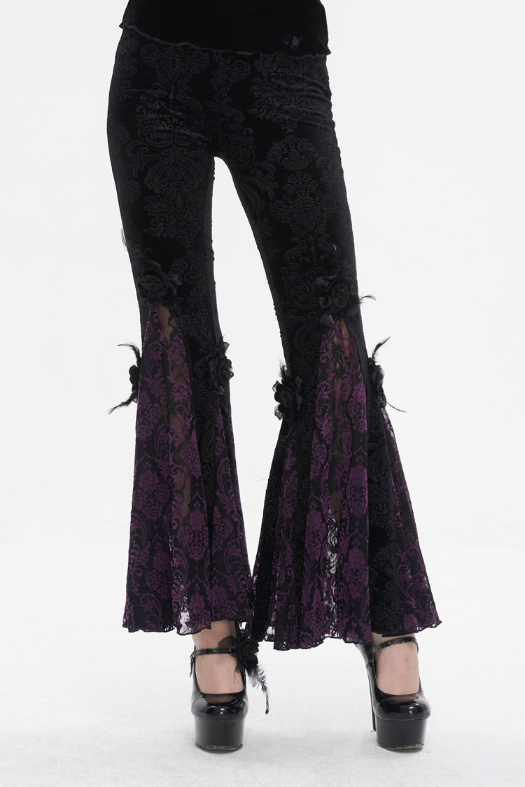 Black/Purple Printed Lace Embroidered Women's Gothic Flared Pants - Black/Purple - 1