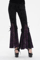 Black/Purple Printed Lace Embroidered Women's Gothic Flared Pants - Black/Purple - 1