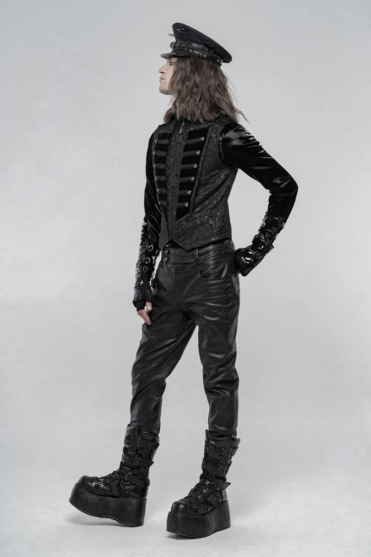 Black Stand Collar Jacquard Front Breasted Men's Gothic Vest - Product - 6