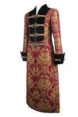Pirate Style Red And Gold Jacquard Gothic Mens Long Coat - Product - 5