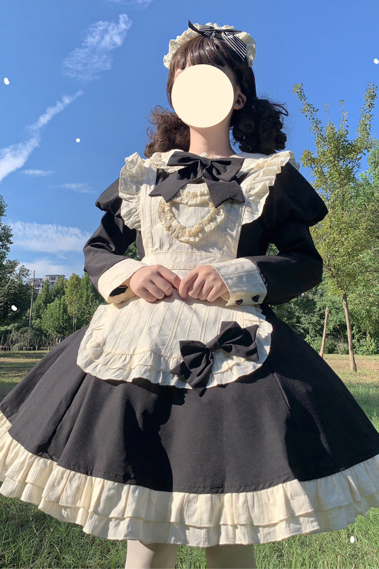 Black/White Maid Long Sleeves Ruffle Bowknot Stitching Sweet Short Lolita Dress - Product - 5