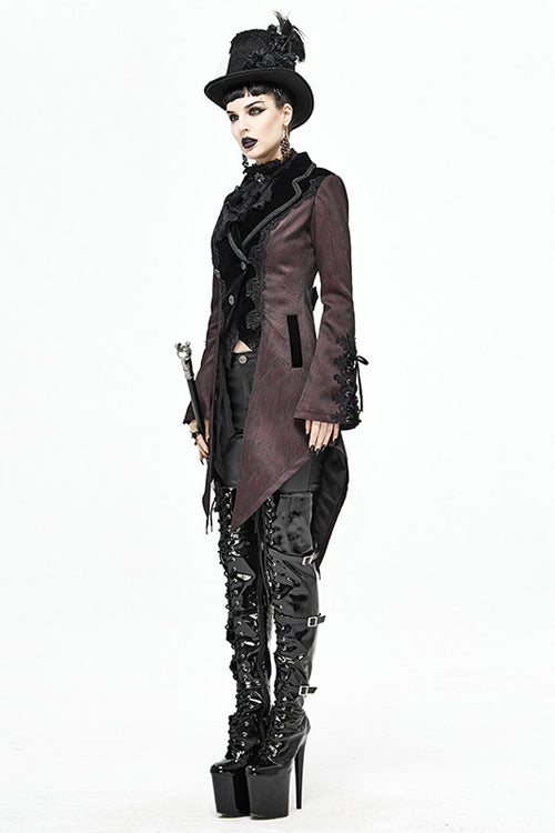 Red And Black Wavy Stripes Jacquard Long Fake Two Pieces Womens Gothic Coat - Product - 2