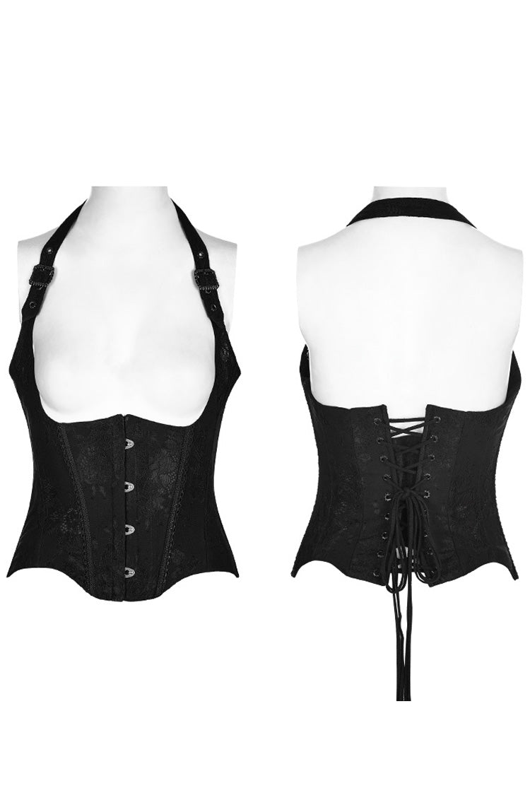 Black Halterneck Jacquard Lace-Up Women's Breast Support Gothic Vest - Product - 5