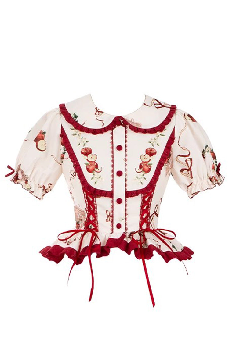 Red/Beige Triple-Layered [Apple Orchard] Print Ruffle Embroidery Sweet Lolita Long Skirt - Product - 12